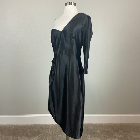 Adrianna Papell Satin One Shoulder Long Sleeve Midi Cocktail Dress Black Size 10 - Picture 4 of 14